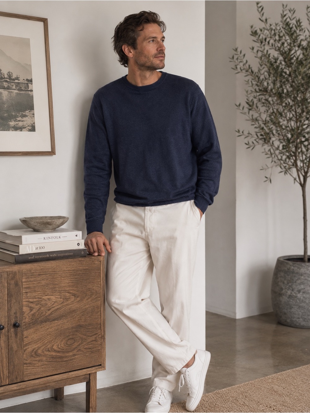 Impermeable Navy Blue Merino Wool Cashmere Crew Neck Sweater Large Men’s